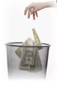 image depicting someone throwing money in a trash bin