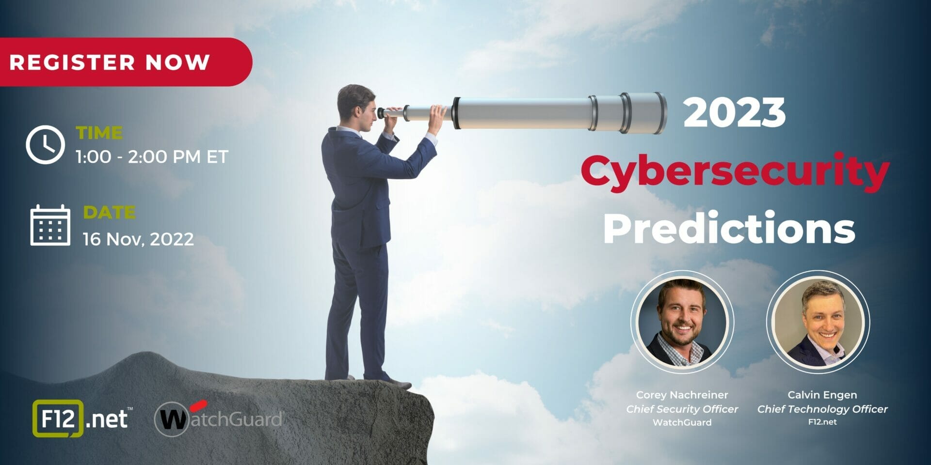 Cybersecurity webcast banner with businessman looking out of a telescope over a ledge 