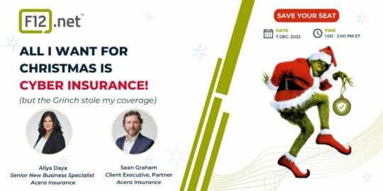 Banner for cyber insurance webcast with the grinch stealing coverage
