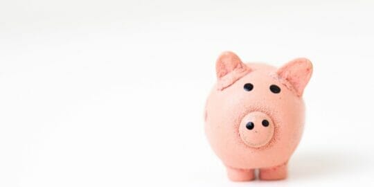 Pink piggy bank on a white background representing recurring vs. re-occuring revenue.