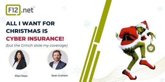 Webcast banner featuring Aliya Daya and Sean Graham (l to r) and the Grinch stealing cyber insurance in an ornament