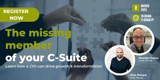 Banner of various business professionals hands holding up puzzle pieces that are coming together. With Title of webcast: The missing member of your c-suite: how a CIO can drive growth & transformation ft. Chris Pickard and Brandon Peters