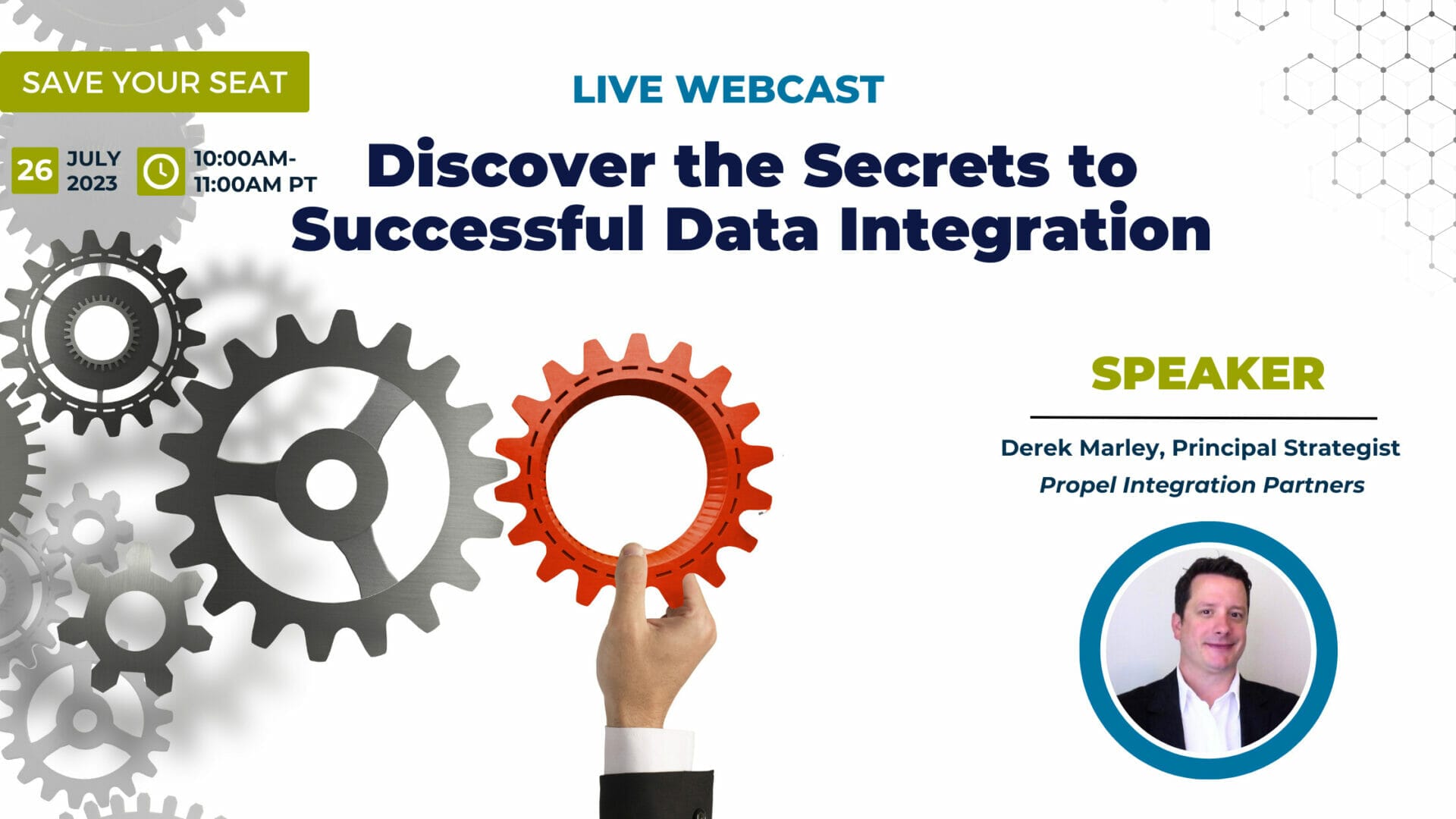 Webcast banner showing man holding cog in gears and banner says "discover the secrets to successful data integration" 