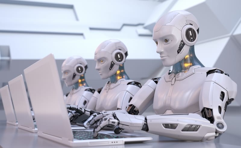 Robots working with laptop ai in cyber attacks three robots on laptops
