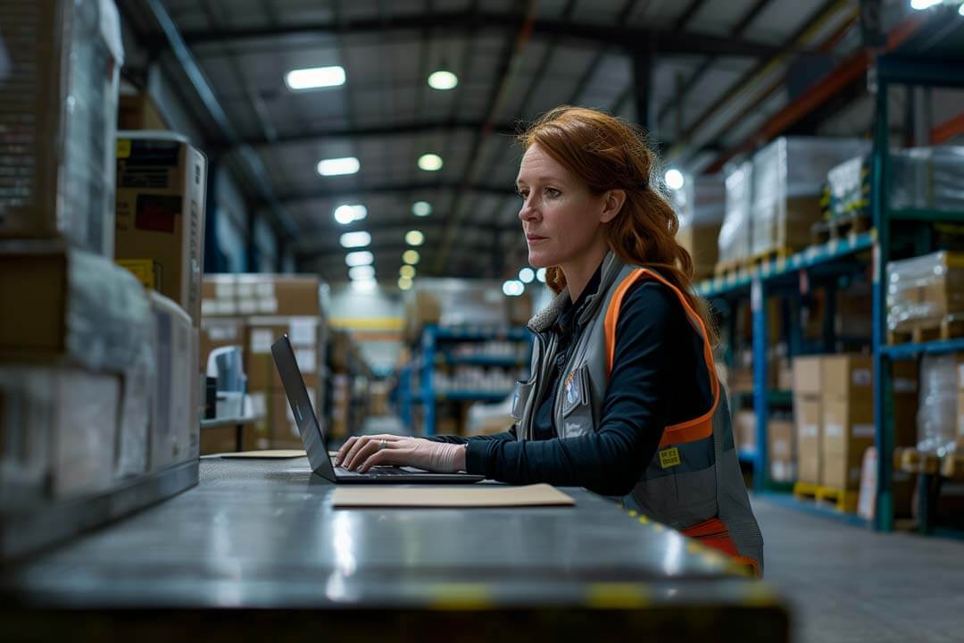 F12.Automated-Scanning.woman-warehouse-laptop Female warehouse manager working on laptop