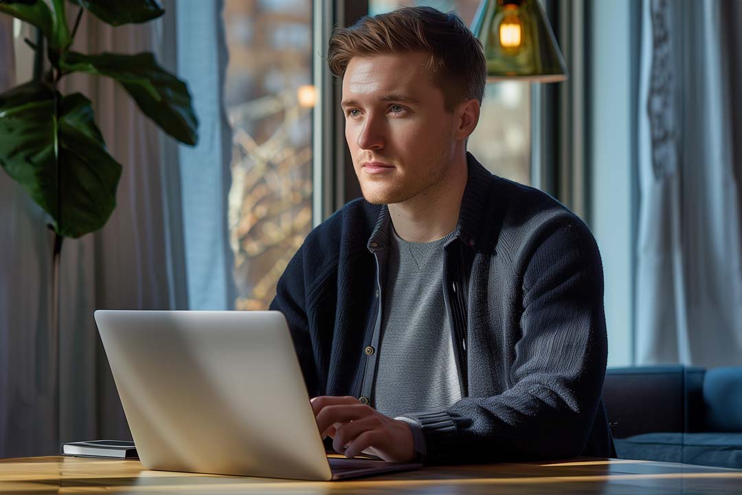 F12.Azure-Cost-Management.man-home-office-laptop Man working on a laptop at a home office