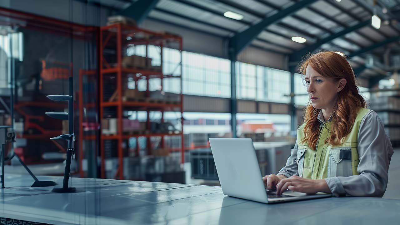 F12.Azure-Cost-Management.woman-warehouse-laptop Female warehouse manager working on a laptop