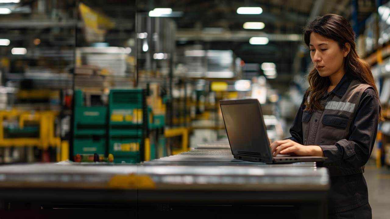 F12.Compliance-MGT.woman-warehouse-laptop Woman working on a laptop in a manufacturing environment