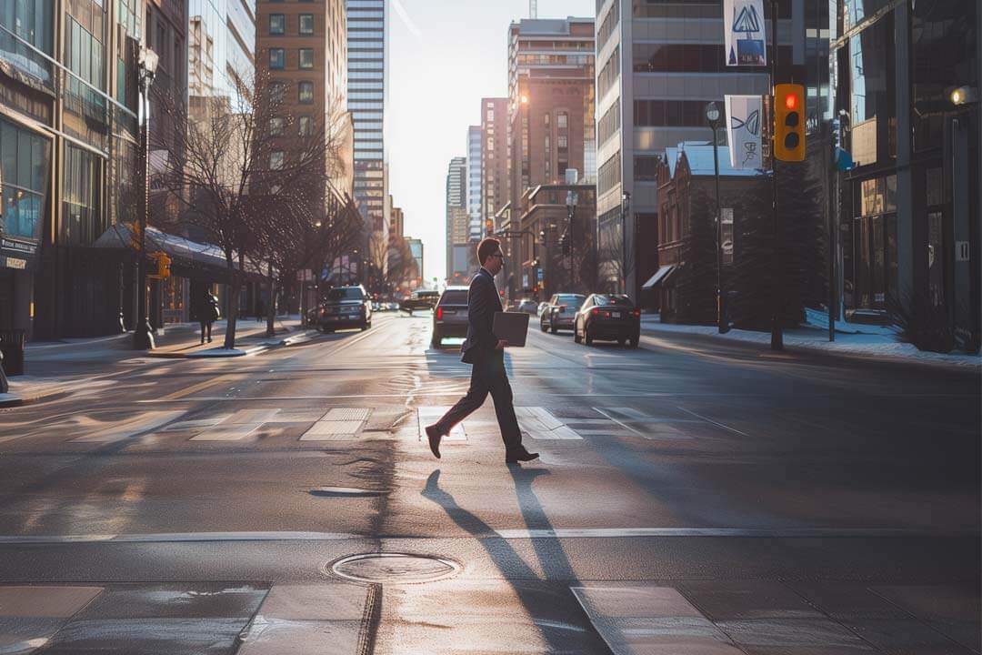 F12.Contact-Us.Alberta.Edmonton Man crossing street in Edmonton, Canada