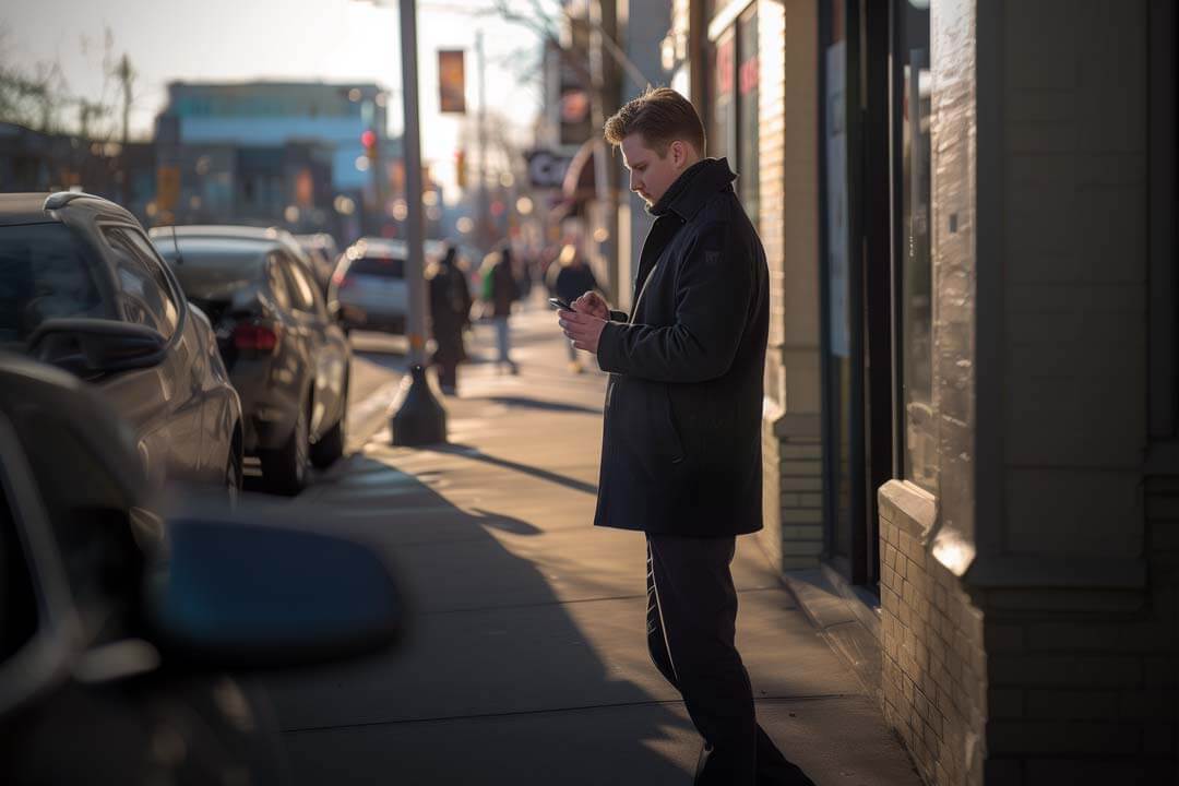 F12.Contact-Us.Alberta.Red-Deer Man texting on sidewalk in Red Deer, Canada