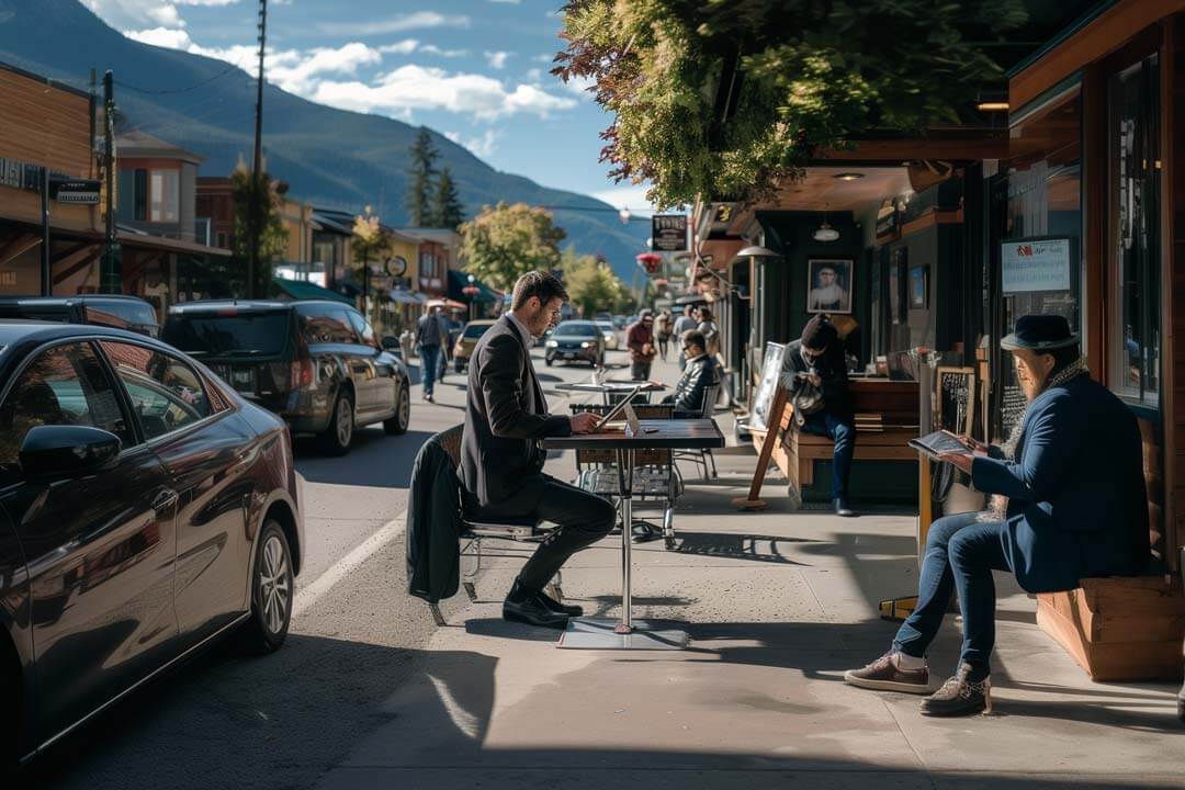 F12.Contact-Us.British-Columbia.Nelson.man Man on laptop at outdoor cafe in Nelson, Canada