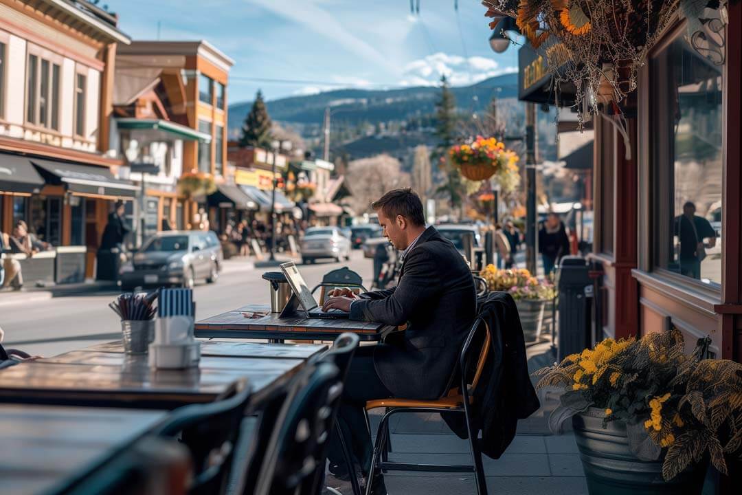 F12.Contact-Us.British-Columbia.Vernon.man Man on laptop at outdoor restaurant in Vernon, Canada