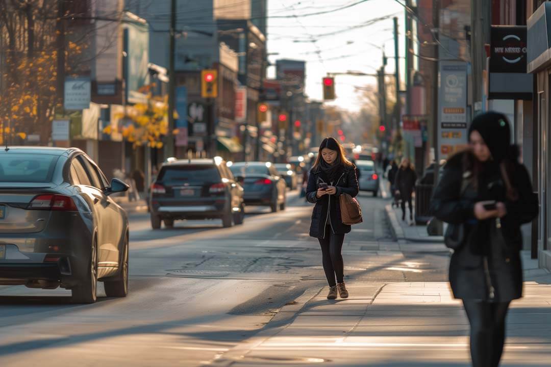 F12.Contact-Us.Ontario.Toronto.woman Woman walking down the street with a mobile device in Toronto, Canada