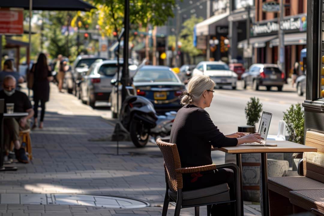 F12.Contact-Us.Ontario.Waterloo.woman Woman at an outdoor restaurant in Waterloo, Ontario