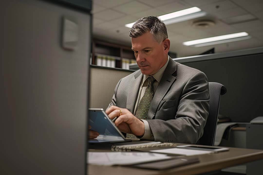 F12.Cyber-Ops.Managed-Detection.man-office-tablet Man typing on laptop in modern office
