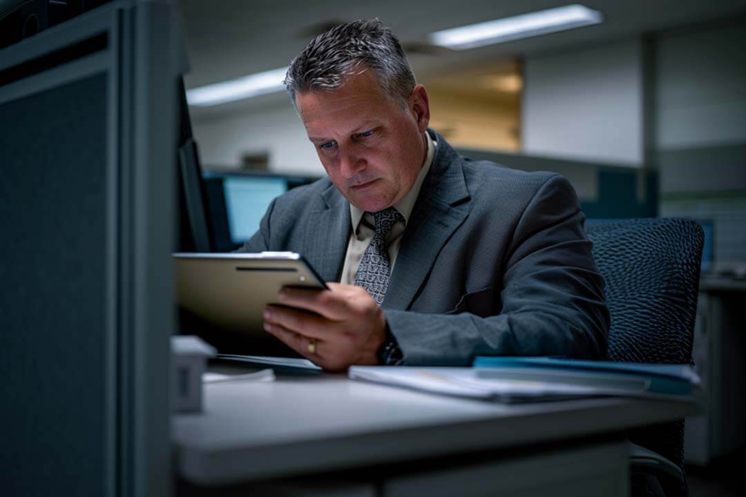 Man typing on tablet in modern office