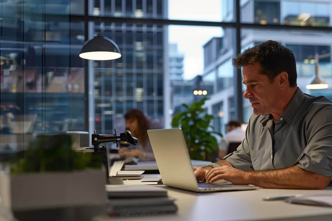 F12.Cyber-Security-Assessments.man.office.laptop Man working on laptop in home office