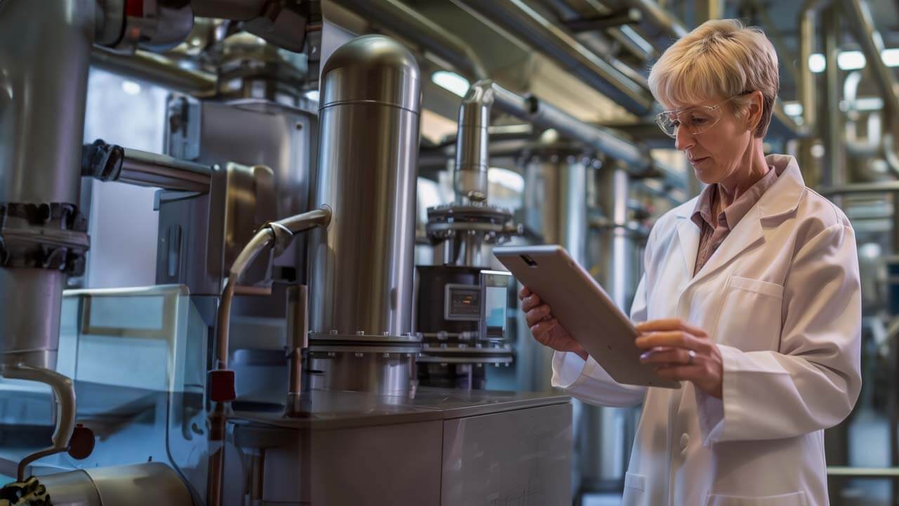 F12.Cyber-Security-Assessments.woman.pharma.tablet Woman working on a tablet at a pharmaceutical manufacturing facility