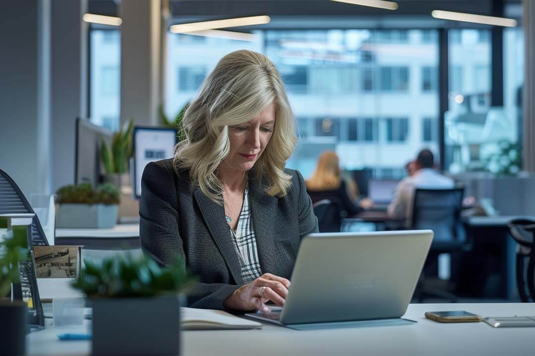 F12.DaaS.woman-office.laptop Woman working on a laptop at a modern office