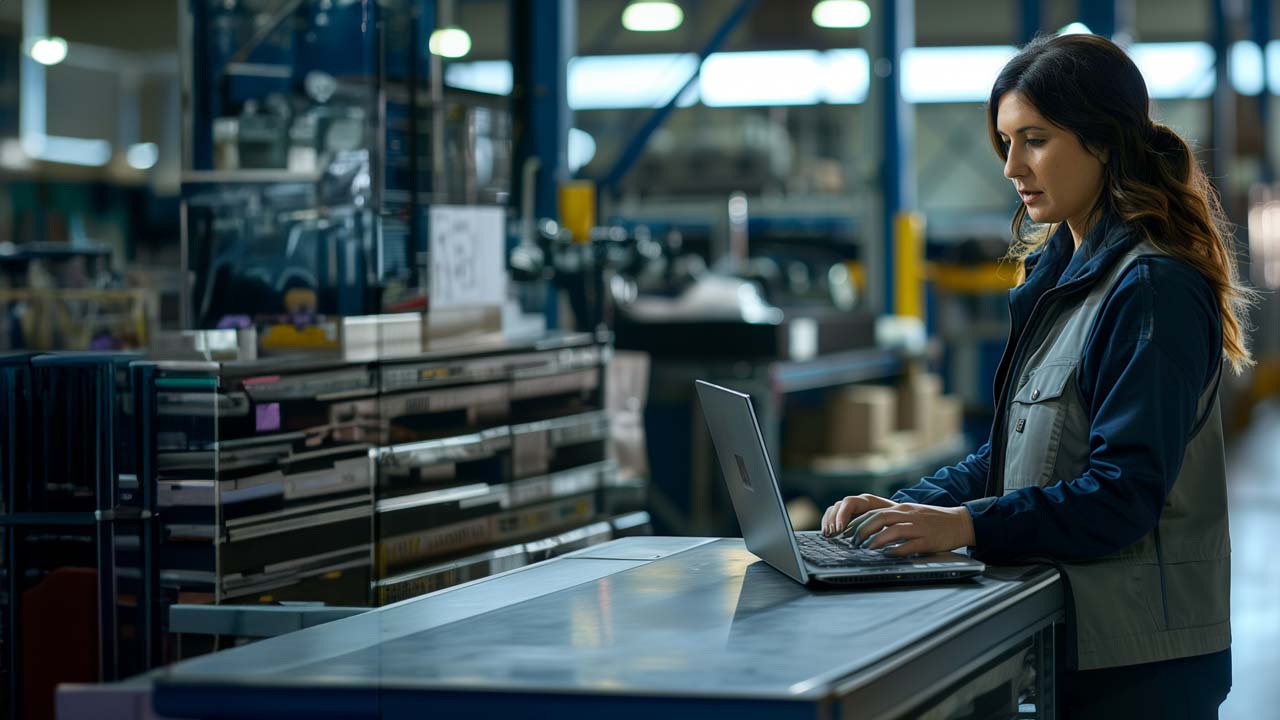 F12.Data-Centre-Services.woman-warehouse-laptop Female warehouse manager
