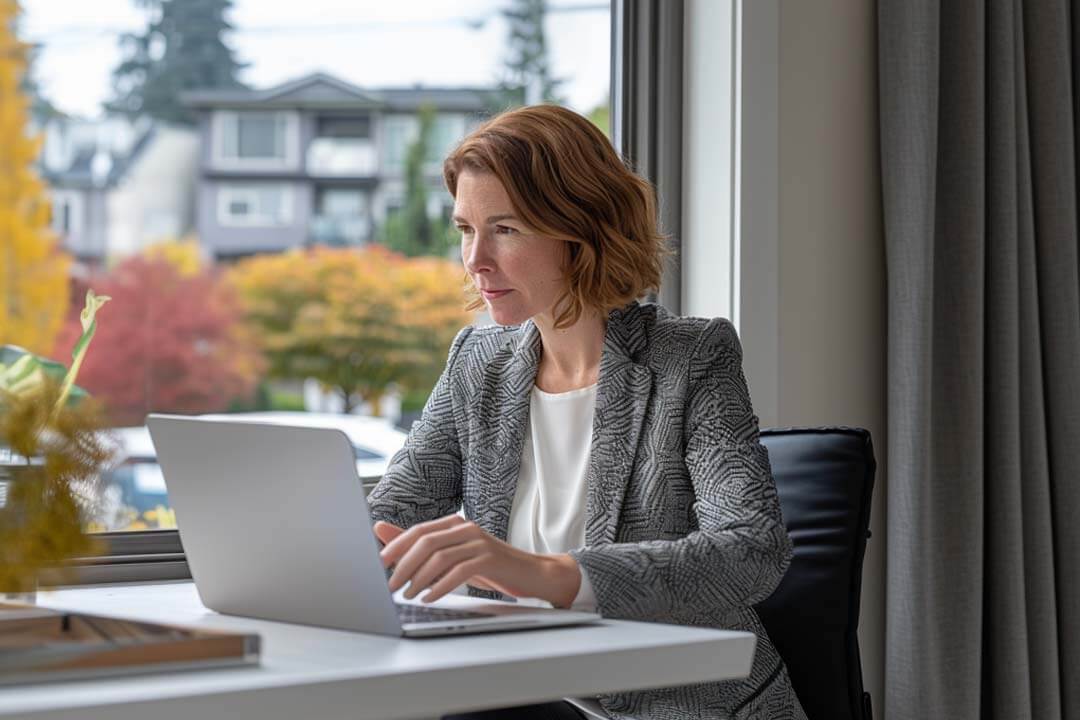 F12.Digital-Transformation.CISSP.woman-home-office-laptop Woman working on her laptop at a modern home office