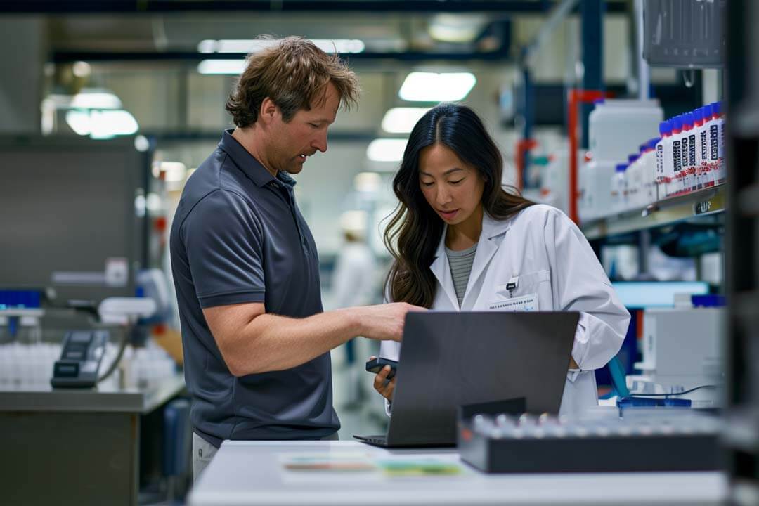 F12.Digital-Transformation.Cloud-Migration.woman-man-pharma-laptop Man and woman reviewing pharmaceutical data on a laptop in a manufacturing facility