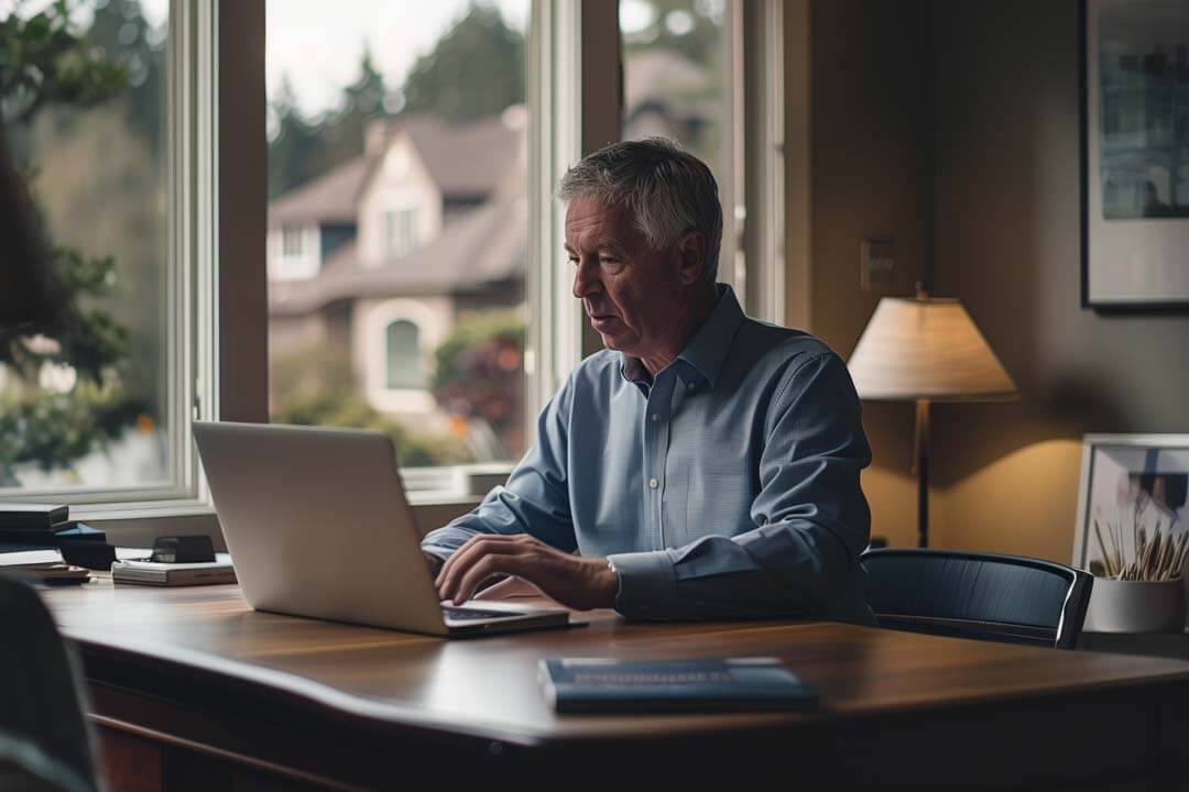 F12.Digital-Transformation.IAM.man-home-laptop Man working on his laptop at a modern home office