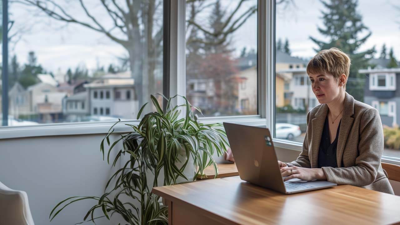 F12.Digital-Transformation.IAM.woman-home-laptop Woman working on her laptop at a modern home office