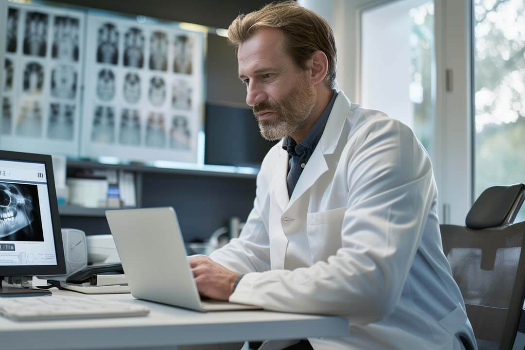 F12.Digital-Transformation.MS-Copiolet-Assessment.man-dentist-office-laptop Dentist working on a laptop at his dental office