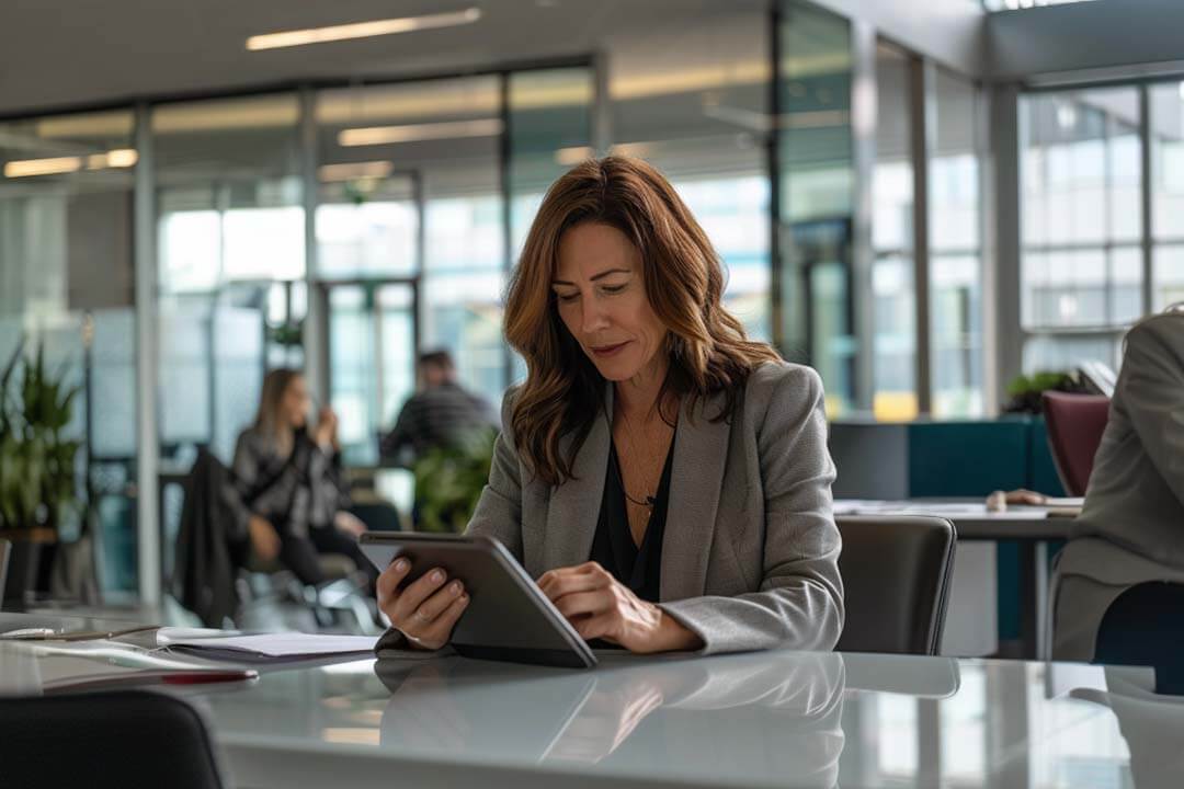 F12.Digital-Transformation.MS-CopioletAI.woman-office-laptop Woman working on a tablet at a modern office