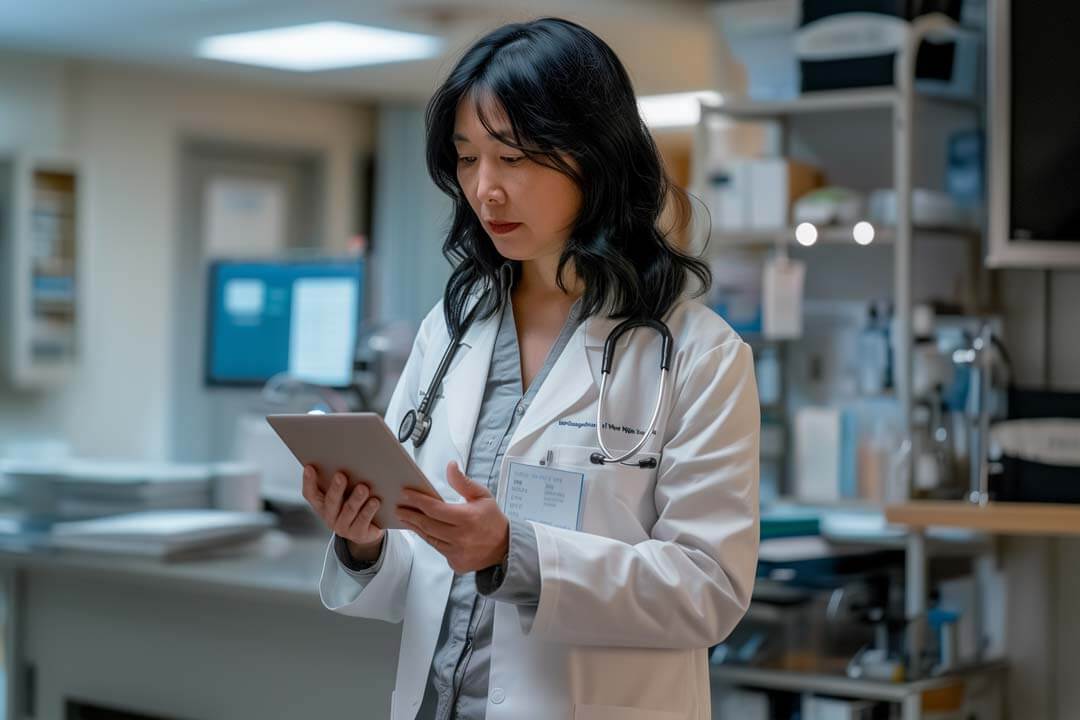 F12.Digital-Transformation.woman-doctor-tablet Woman doctor reviewing secure patient information on a tablet