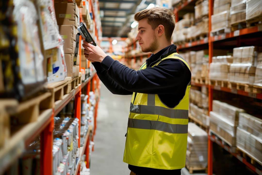 Man using scanner in warehouse environment