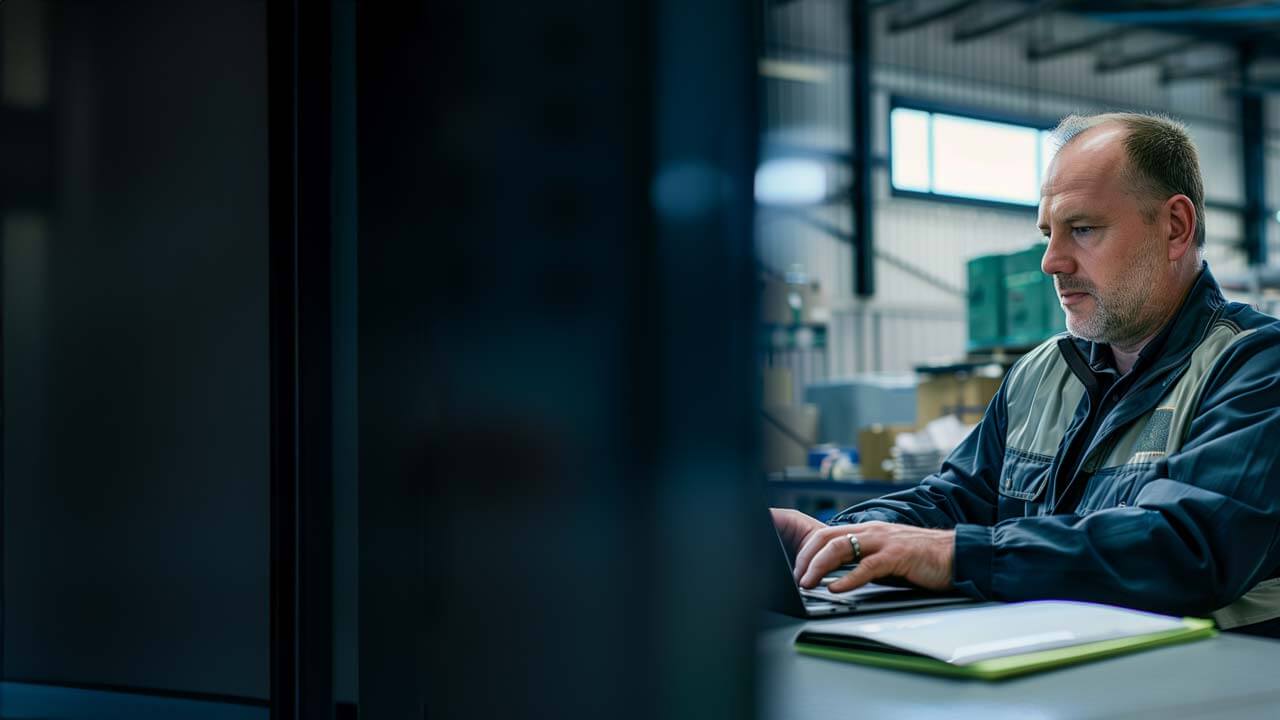 F12.ITSM.man-warehouse-laptop Man working on a laptop at an office
