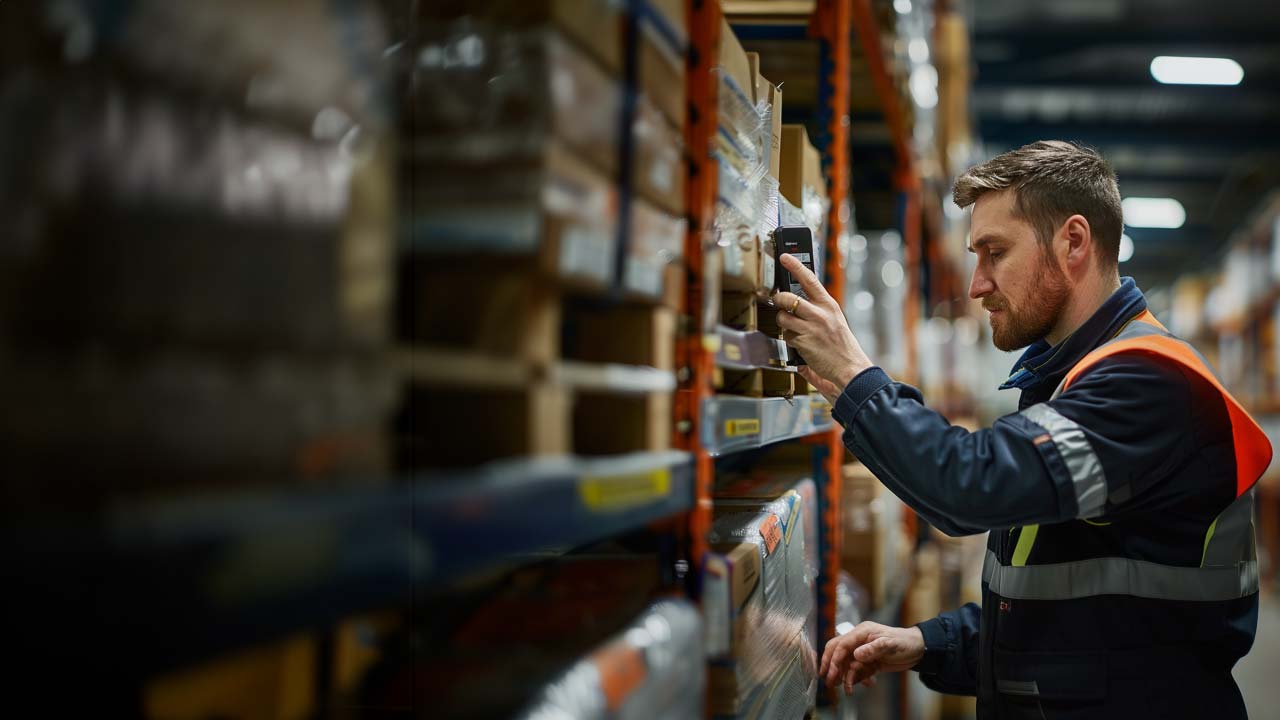 F12.IaaS.man-warehouse-scanner Man using a scanner in a warehouse