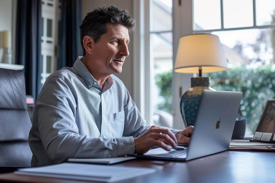 F12.IoT.man-homeoffice-laptop Man working on his laptop at his home office