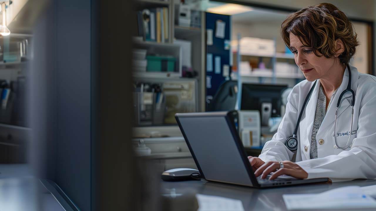 F12.IoT.woman-doctor-laptop Doctor working on a laptop at her office
