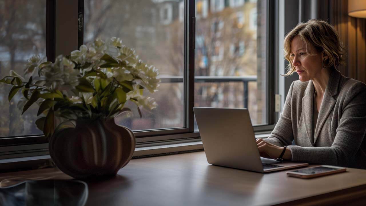 F12.IoT.woman-home-office-laptop Woman working on a laptop in her home office