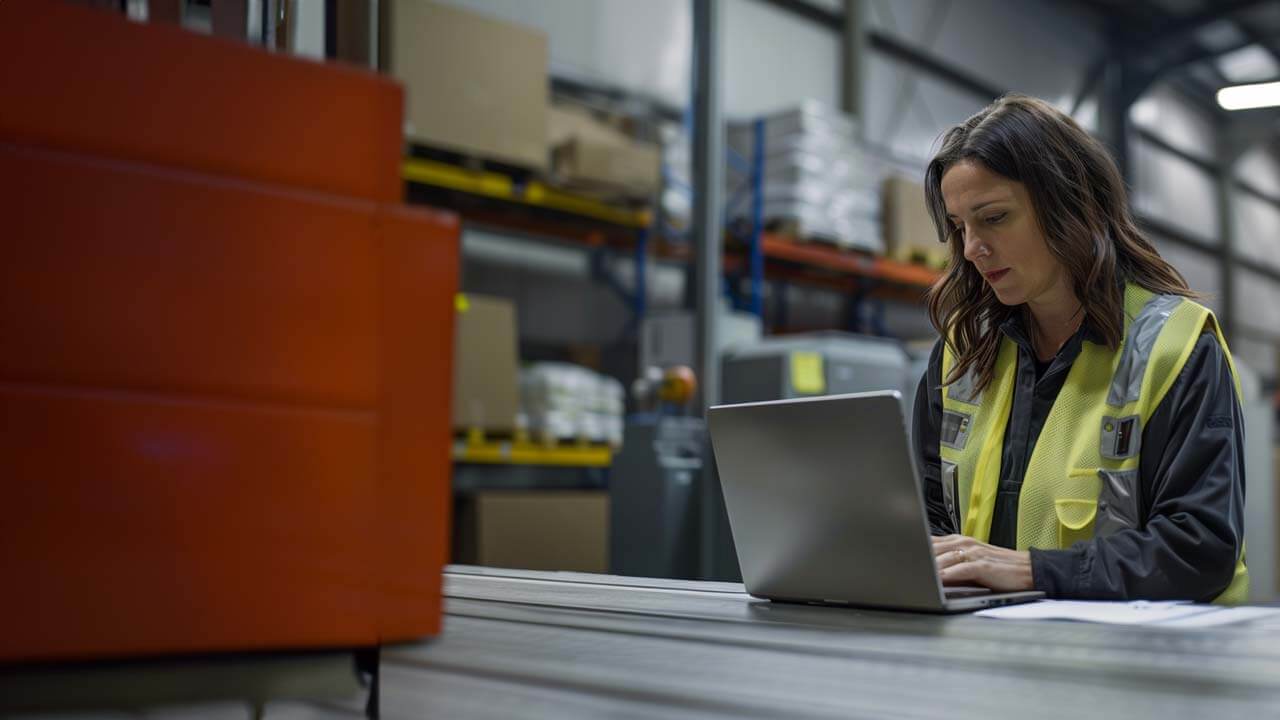 F12.MSSP.woman-warehouse-laptop Woman warehouse manager working on a laptop