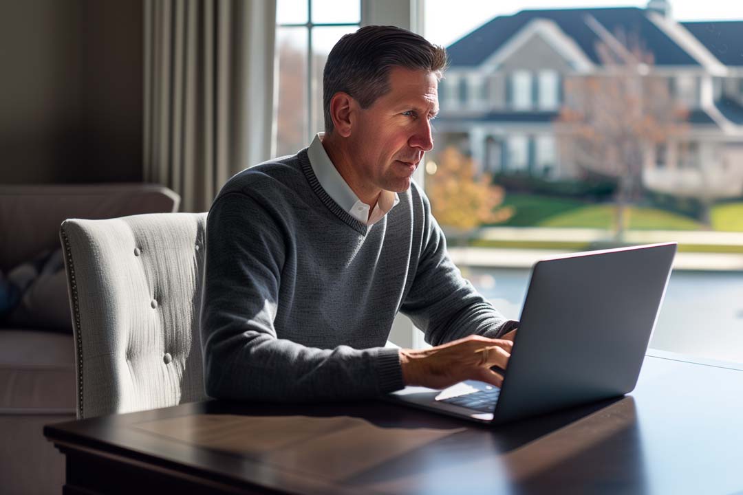F12.Microsoft-Cloud-Services.man-home-office-laptop Man working on a laptop in his home office