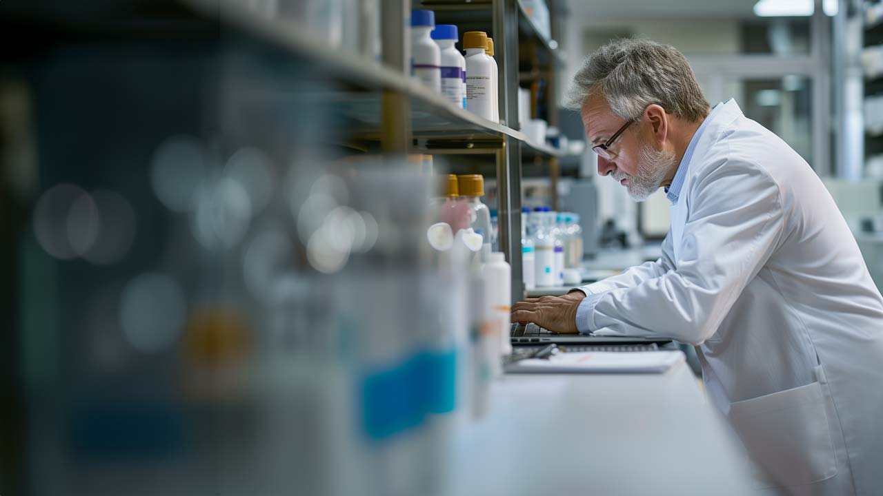 F12.Microsoft-Cloud-Services.man-pharma-laptop Man working on a laptop in a pharmaceutical manufacturing facility