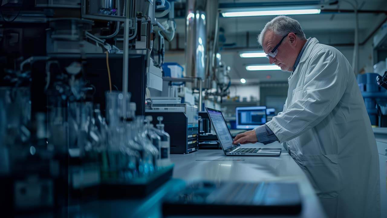 F12.Pen-Test.man-pharma.laptop Pharmaceutical scientist working on a laptop in a lab