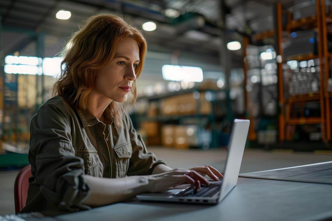 F12.Pen-Test.woman-warehouse.laptop Female warehouse manager using a laptop