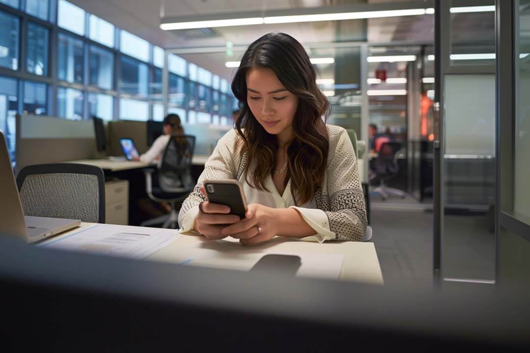 F12.Phishing-Simulations.woman-office-smartphone Woman working on a tablet in a modern office
