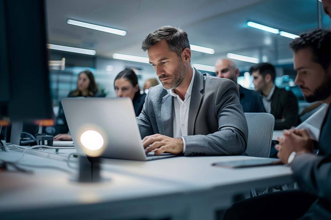 F12.Risk-Vulnerability.Assessment-Management.man-office-laptop Professional man working on a laptop at a desk in a modern office