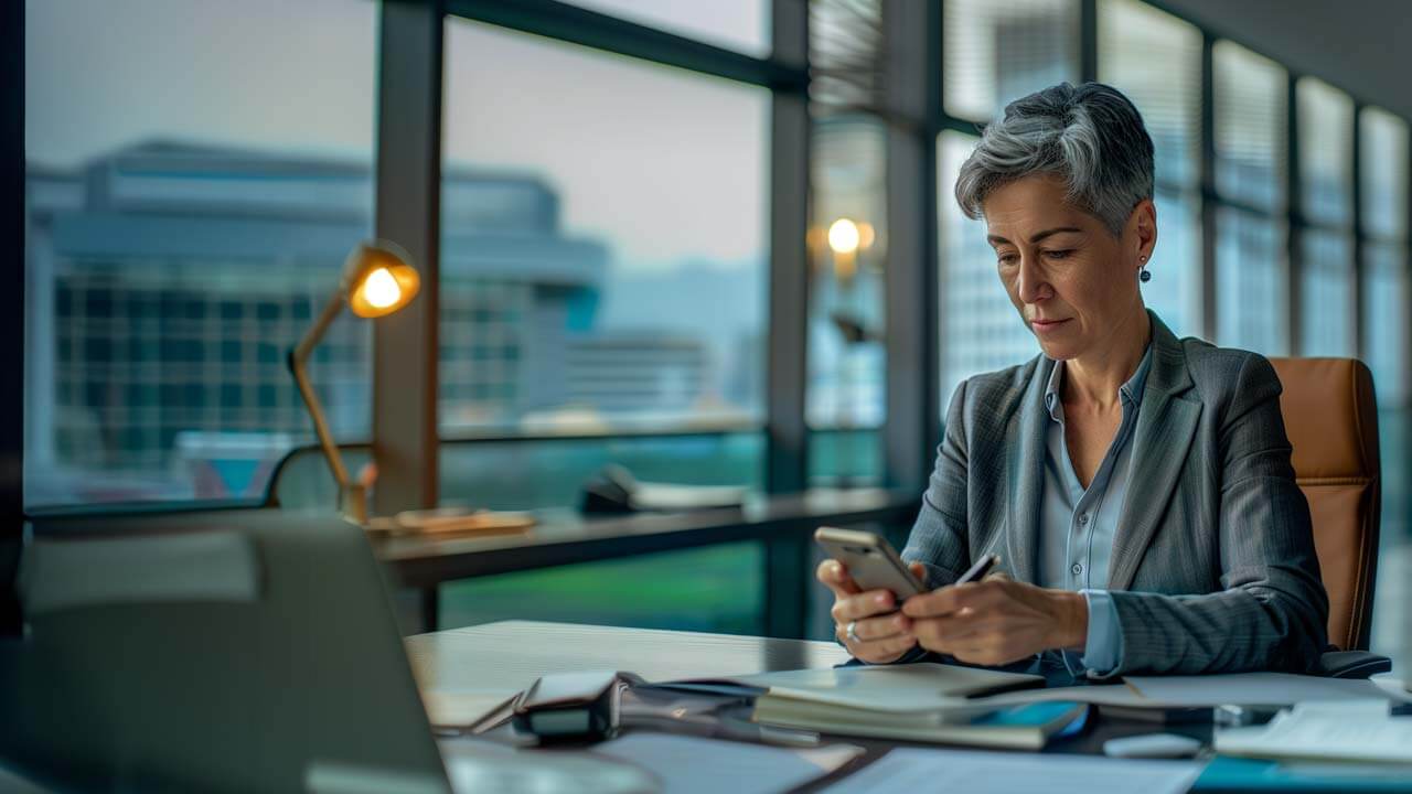 F12.Risk-Vulnerability.Assessment-Management.woman-office-smartphone Professional woman texting at a desk in a modern office