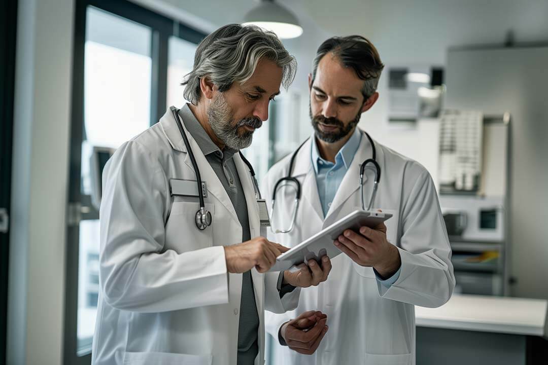 F12.Risk-Vulnerability.man-doctor-healthcare-office-laptop Doctors reviewing patient information on a tablet at a doctors office