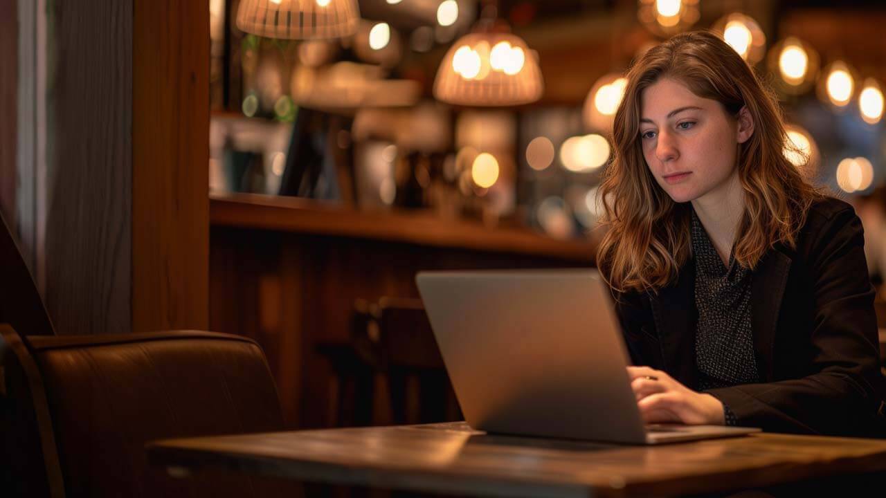 F12.Risk-Vulnerability.woman-remote-work-laptop Woman working on a laptop in a cafe