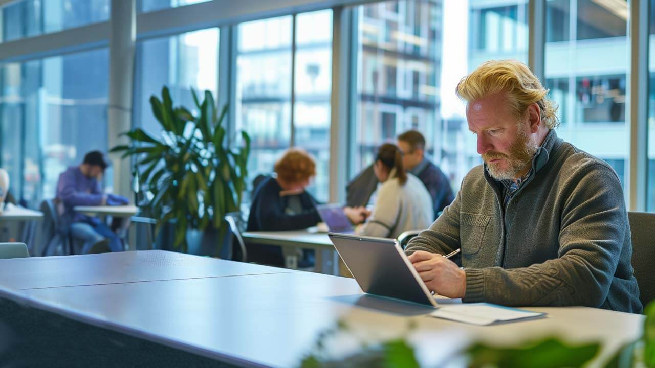 F12.Security-Awareness-Training.man-office.laptop Man working on a laptop in a modern office
