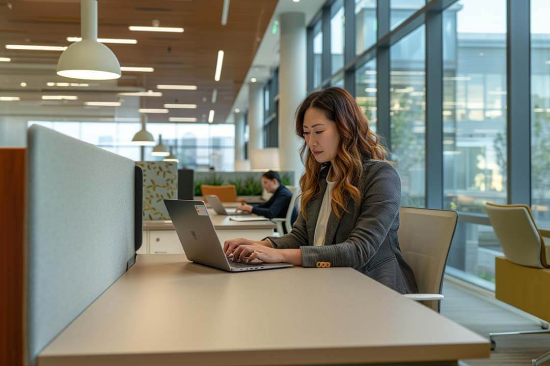 F12.Security-Awareness-Training.woman-office.laptop Woman working on a laptop in a modern office