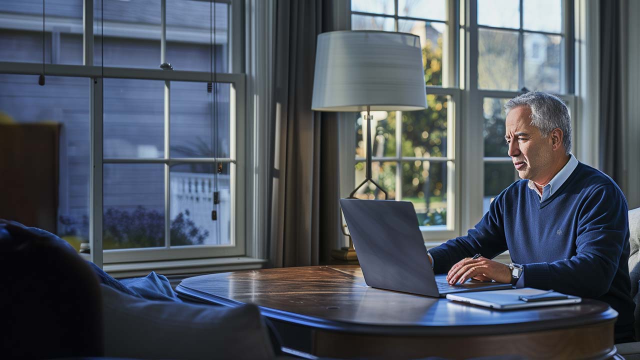 F12.Sovereign-Cloud.man-home-office-laptop Man working on a laptop at his home office